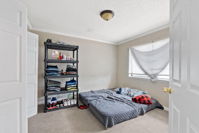 bedroom with ornamental molding, carpet, and a textured ceiling