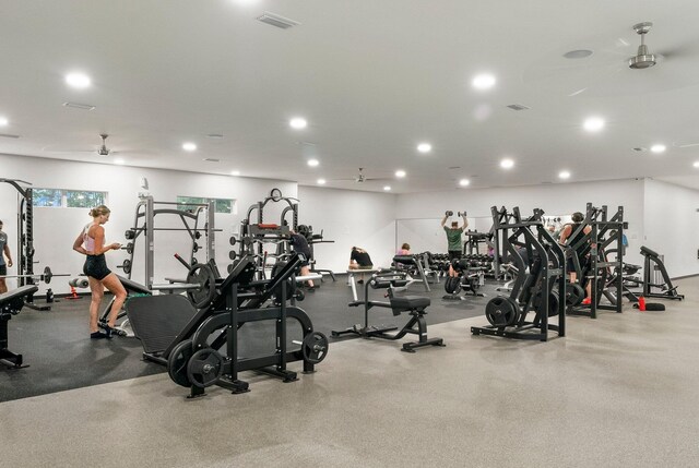 workout area featuring ceiling fan