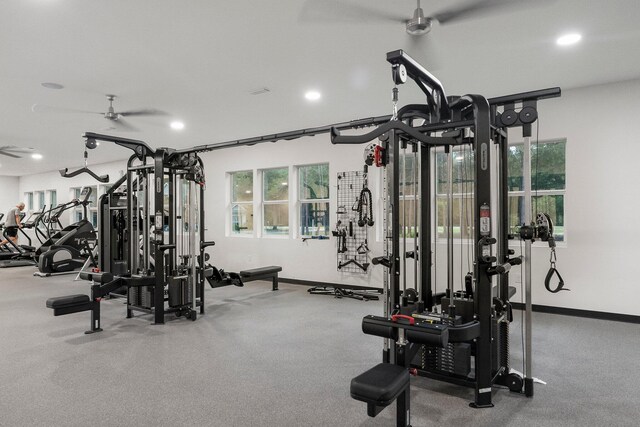 gym featuring ceiling fan