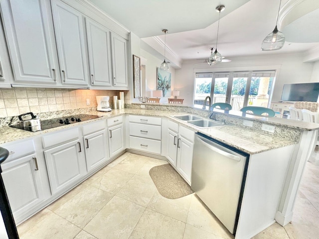 kitchen with white cabinets, dishwasher, kitchen peninsula, and decorative light fixtures