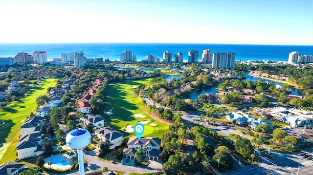 aerial view featuring a view of city and a water view