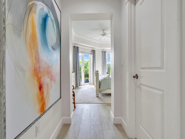 hall featuring light wood-style flooring, baseboards, and ornamental molding