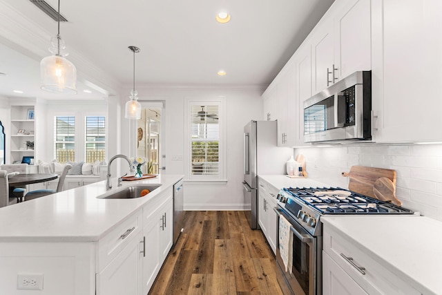 kitchen featuring dark wood-type flooring, a healthy amount of sunlight, sink, and appliances with stainless steel finishes