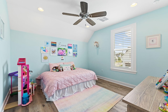 bedroom with lofted ceiling, ceiling fan, and hardwood / wood-style flooring