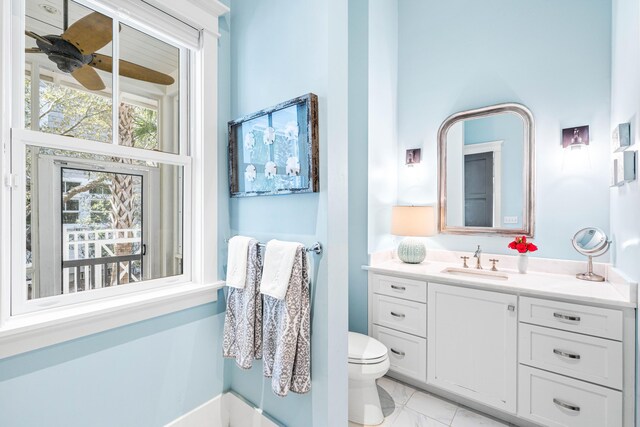 bathroom featuring ceiling fan, toilet, and vanity