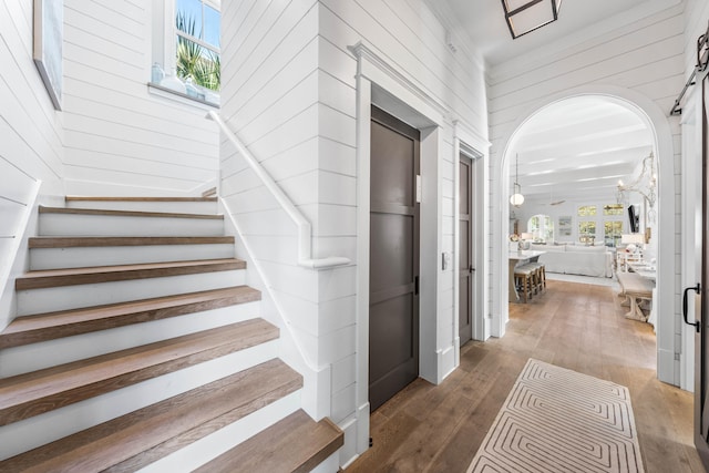 stairs with hardwood / wood-style flooring and wood walls