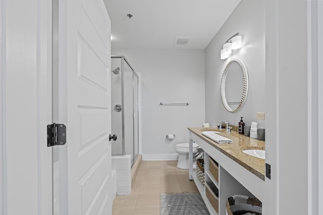 bathroom with a sink, visible vents, a stall shower, and tile patterned floors