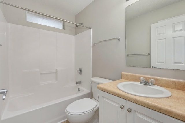 full bathroom with toilet, tub / shower combination, and vanity