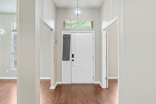 foyer entrance with a towering ceiling and dark hardwood / wood-style floors