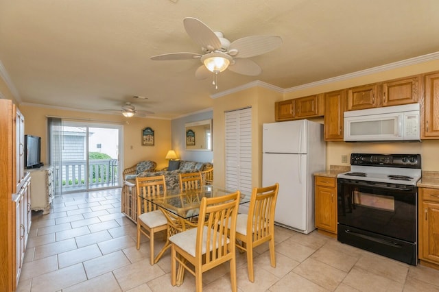 kitchen with crown molding, white appliances, light tile patterned floors, and ceiling fan