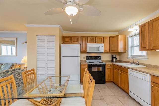 kitchen featuring crown molding, white appliances, light tile patterned floors, sink, and ceiling fan