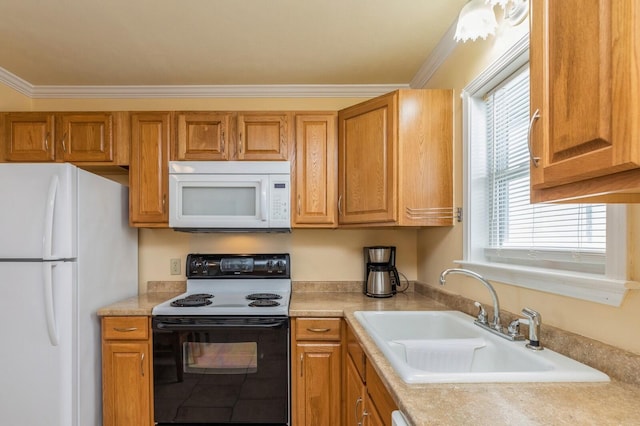 kitchen with crown molding, white appliances, and sink