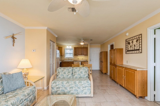 tiled living room featuring ceiling fan, crown molding, and sink