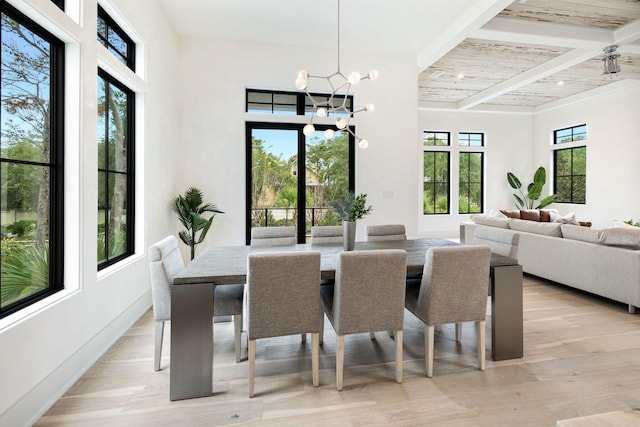 dining area with a notable chandelier, wood ceiling, beam ceiling, and light hardwood / wood-style floors