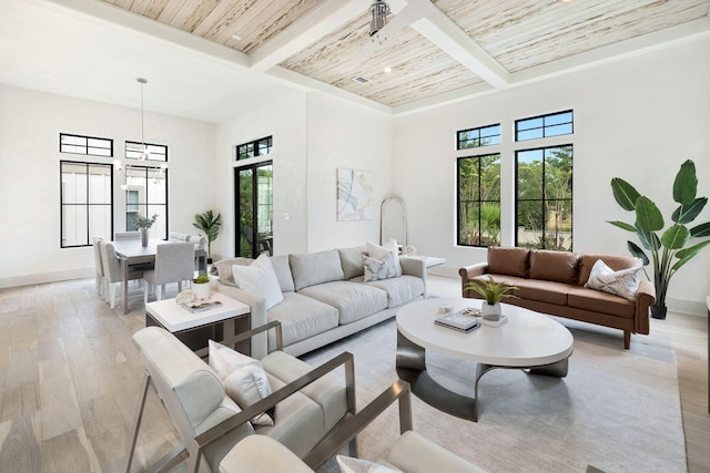 living room with beamed ceiling, light wood-type flooring, and wooden ceiling