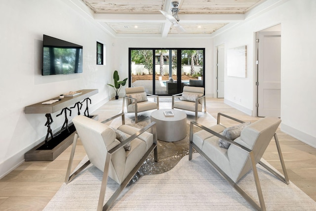 living room with coffered ceiling, beam ceiling, and light hardwood / wood-style floors