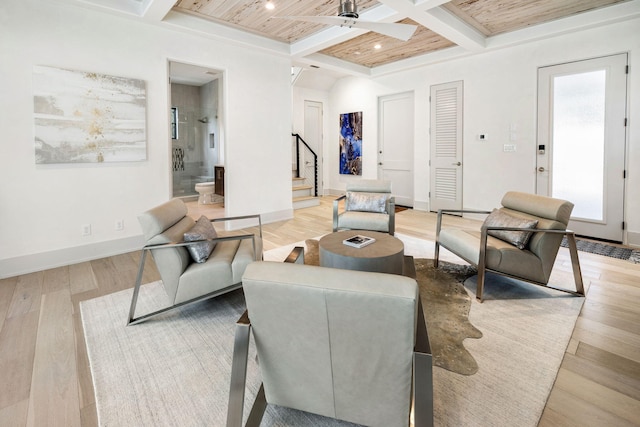 living room with coffered ceiling, light hardwood / wood-style flooring, beam ceiling, and wood ceiling