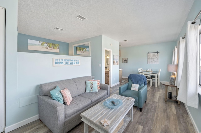 living room featuring a textured ceiling and wood-type flooring