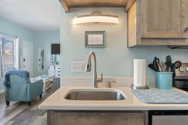 kitchen featuring stainless steel dishwasher, hardwood / wood-style flooring, sink, and light stone countertops