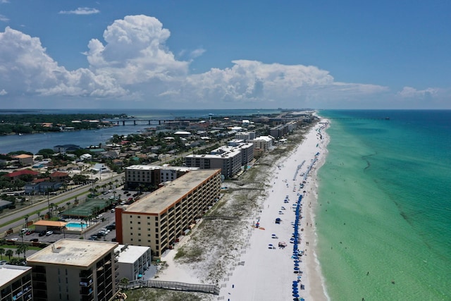 bird's eye view with a view of the beach and a water view