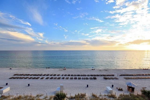 view of water feature with a beach view