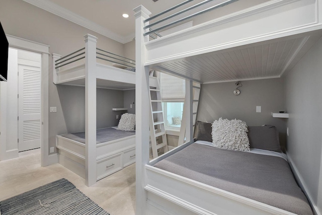 bedroom featuring recessed lighting, baseboards, and ornamental molding