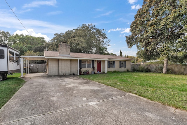 view of front of house featuring a carport and a front yard