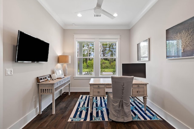 office area featuring visible vents, crown molding, baseboards, a ceiling fan, and dark wood-style flooring