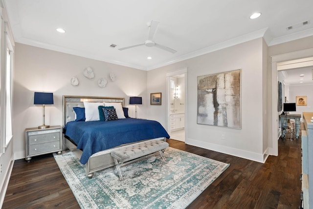 bedroom with ornamental molding, dark hardwood / wood-style floors, ensuite bathroom, and ceiling fan