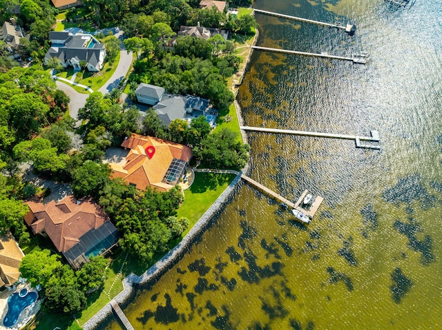 drone / aerial view featuring a water view