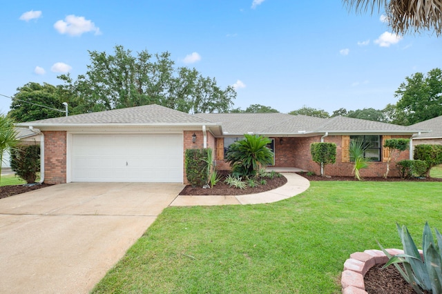 ranch-style home featuring a garage and a front yard