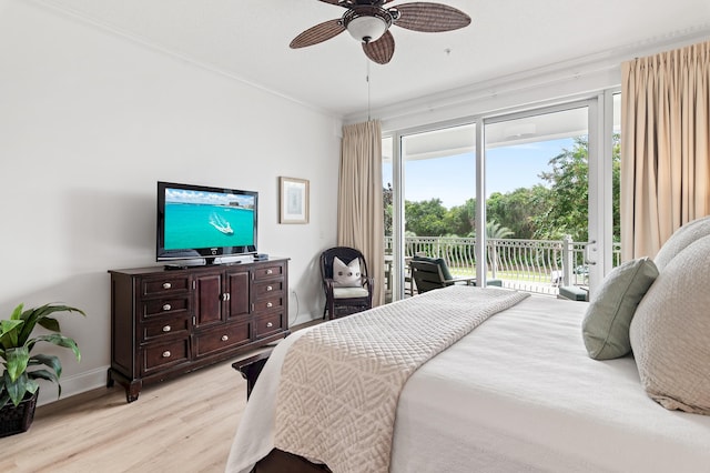 bedroom featuring ornamental molding, access to outside, light hardwood / wood-style flooring, and ceiling fan