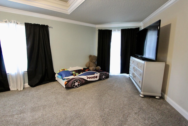 carpeted bedroom with crown molding and a textured ceiling