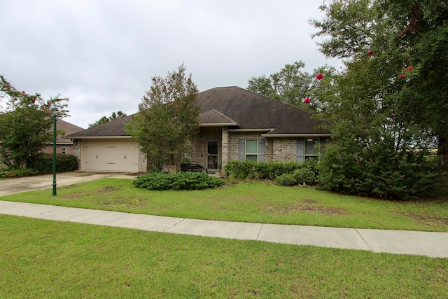 single story home with a front lawn and a garage