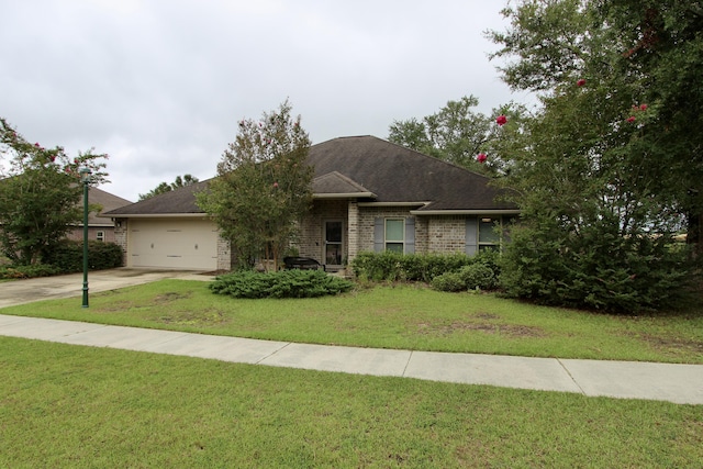 ranch-style home with a front yard, brick siding, concrete driveway, and a garage