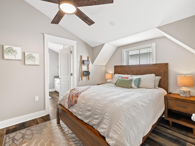 bedroom with ceiling fan, dark hardwood / wood-style floors, and vaulted ceiling