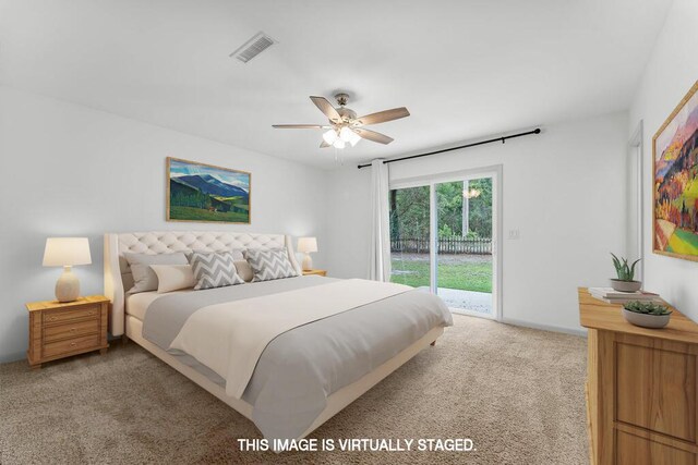 carpeted bedroom with access to outside and ceiling fan