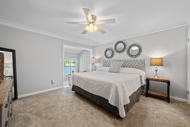 bedroom with light carpet, access to exterior, ceiling fan, and crown molding