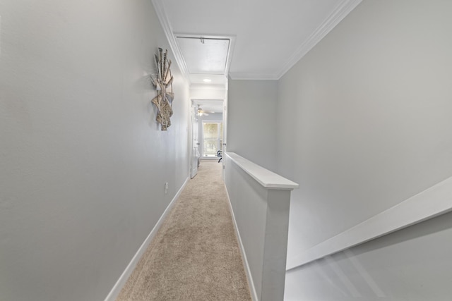 hallway featuring light carpet and ornamental molding