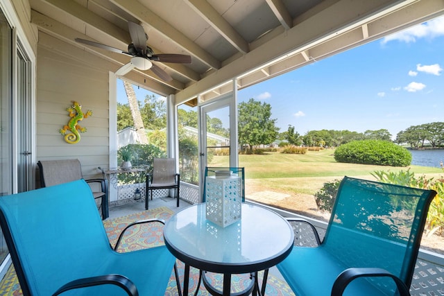 view of patio / terrace with an outdoor hangout area, a water view, and ceiling fan