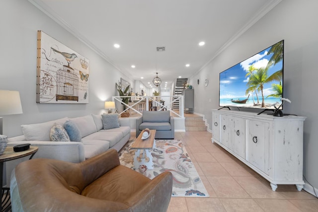 tiled living room featuring crown molding and an inviting chandelier