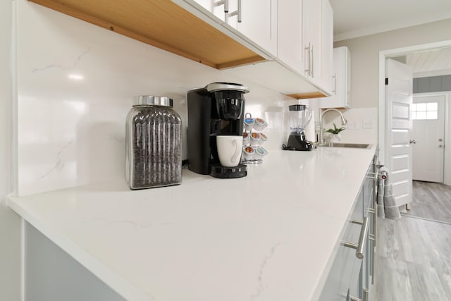 kitchen with ornamental molding, white cabinetry, light hardwood / wood-style flooring, and sink