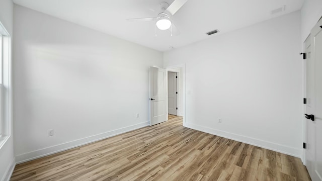 unfurnished bedroom featuring ceiling fan and light hardwood / wood-style floors