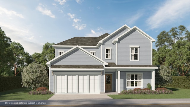 view of front facade with a garage and a front lawn