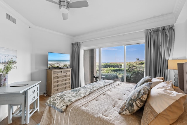 bedroom with light wood-type flooring, ceiling fan, access to outside, and ornamental molding