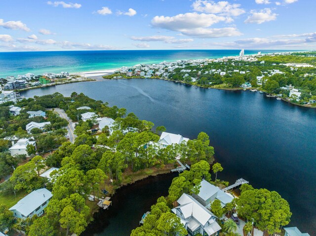 bird's eye view with a water view