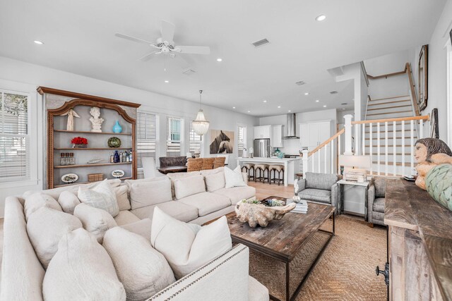 living room with ceiling fan