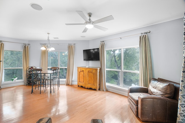 living room with ceiling fan with notable chandelier, a wealth of natural light, and light hardwood / wood-style floors