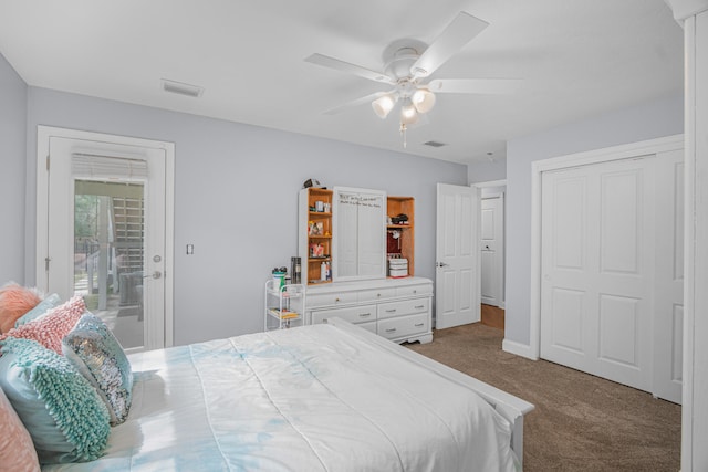 carpeted bedroom featuring ceiling fan and access to exterior