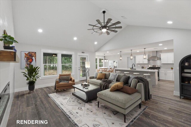 living room with ceiling fan, sink, high vaulted ceiling, and dark hardwood / wood-style floors